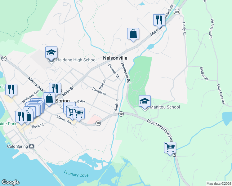 map of restaurants, bars, coffee shops, grocery stores, and more near 57 Parsonage Street in Cold Spring