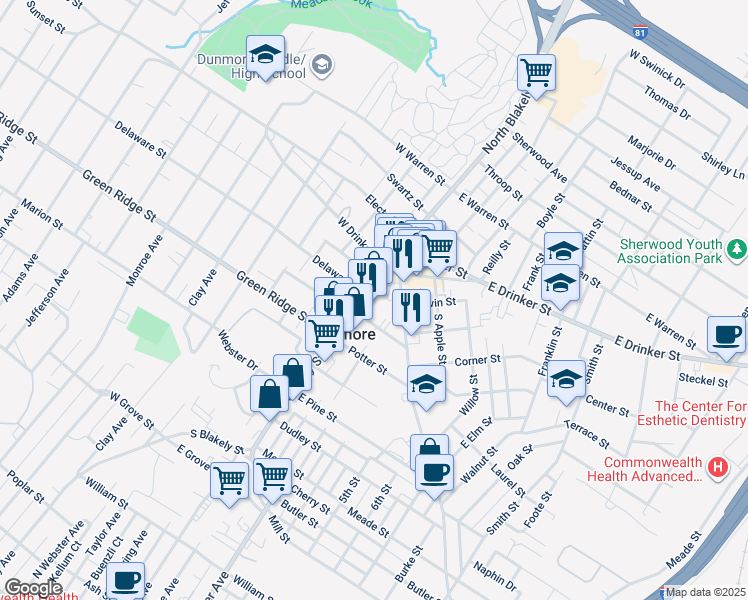map of restaurants, bars, coffee shops, grocery stores, and more near 2043 Delaware Street in Dunmore