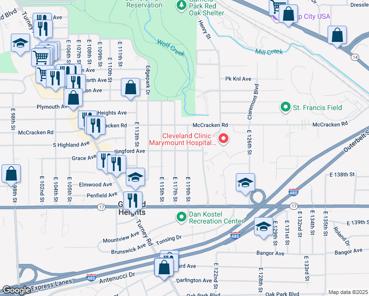 map of restaurants, bars, coffee shops, grocery stores, and more near 5136 East 119th Street in Garfield Heights
