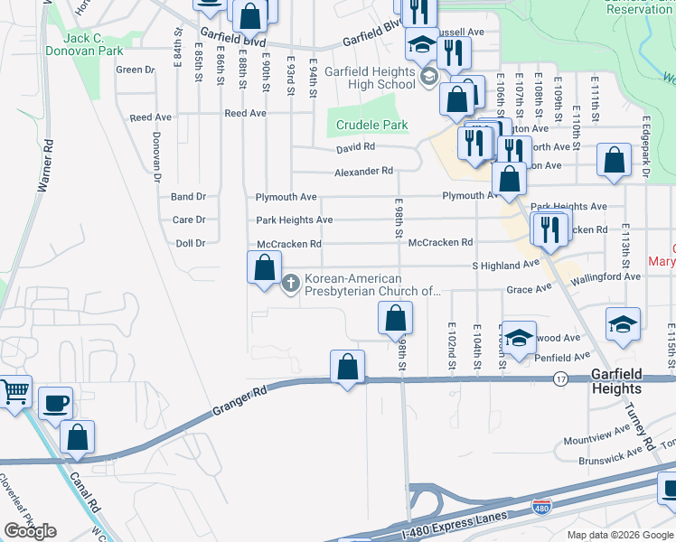 map of restaurants, bars, coffee shops, grocery stores, and more near 9406 South Highland Avenue in Garfield Heights