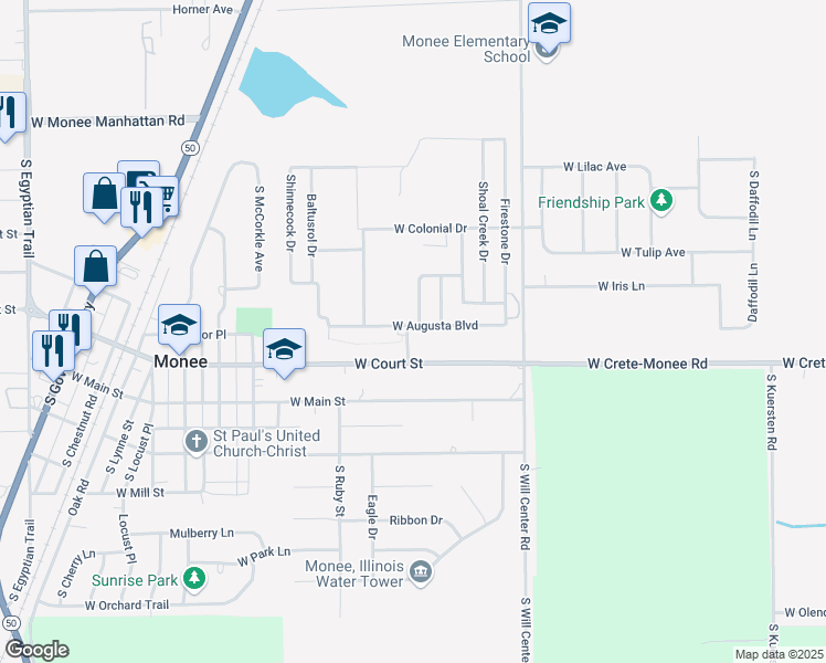 map of restaurants, bars, coffee shops, grocery stores, and more near 4930 West Augusta Boulevard in Monee