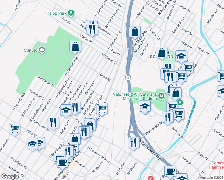 map of restaurants, bars, coffee shops, grocery stores, and more near 746 North Main Avenue in Scranton