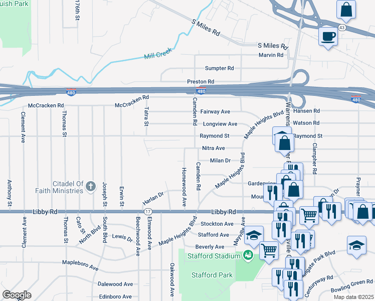 map of restaurants, bars, coffee shops, grocery stores, and more near 5139 Homewood Avenue in Maple Heights