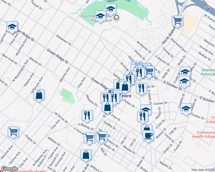 map of restaurants, bars, coffee shops, grocery stores, and more near 2013 Green Ridge St in Dunmore