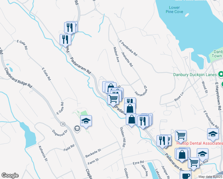 map of restaurants, bars, coffee shops, grocery stores, and more near 4 Jeanette Road in Danbury