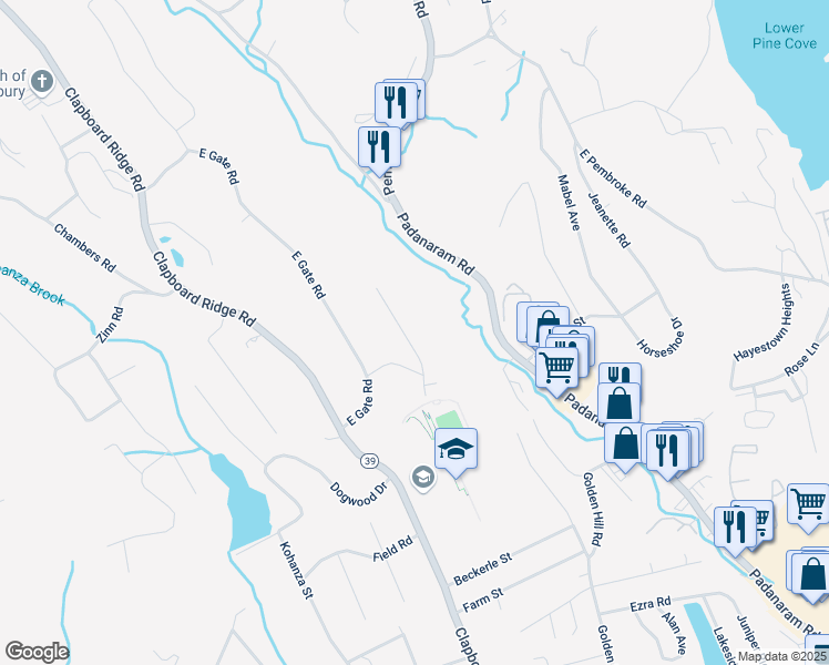 map of restaurants, bars, coffee shops, grocery stores, and more near 25 Eastwood Road in Danbury