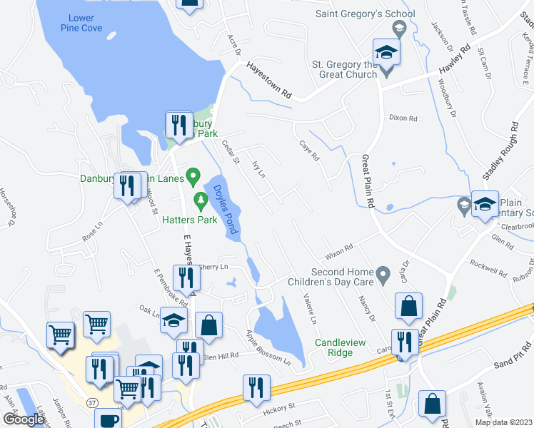 map of restaurants, bars, coffee shops, grocery stores, and more near 33 Cedar Street in Danbury