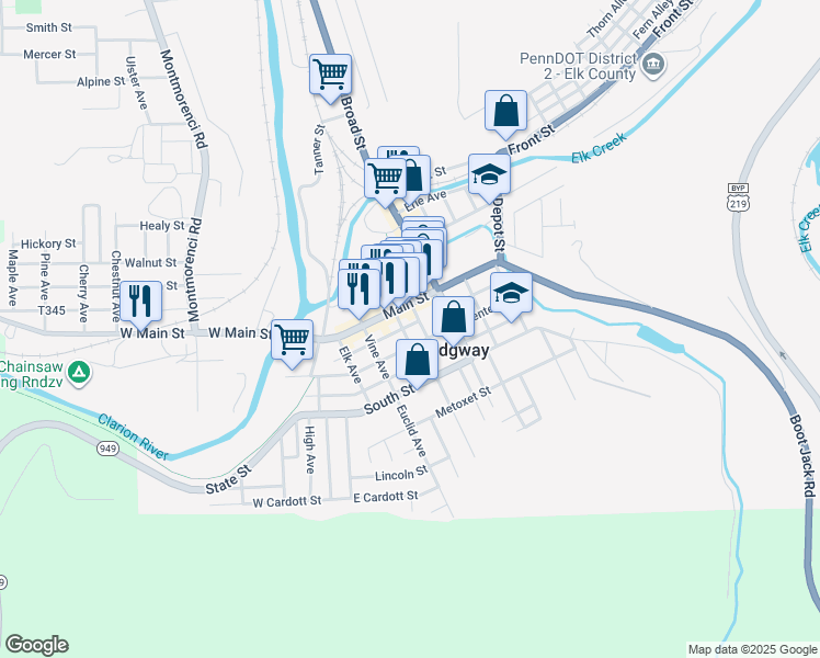 map of restaurants, bars, coffee shops, grocery stores, and more near 15 South Mill Avenue in Ridgway