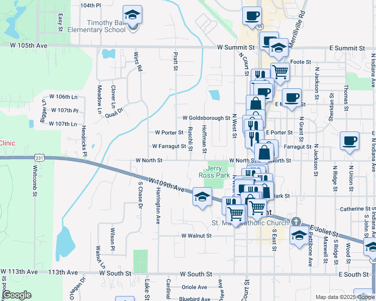 map of restaurants, bars, coffee shops, grocery stores, and more near 501 West Farragut Street in Crown Point