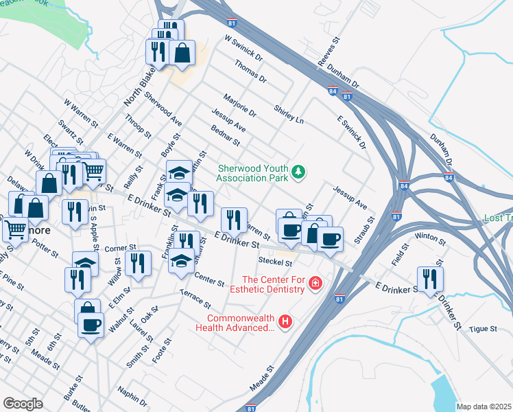 map of restaurants, bars, coffee shops, grocery stores, and more near 632 Throop Street in Dunmore