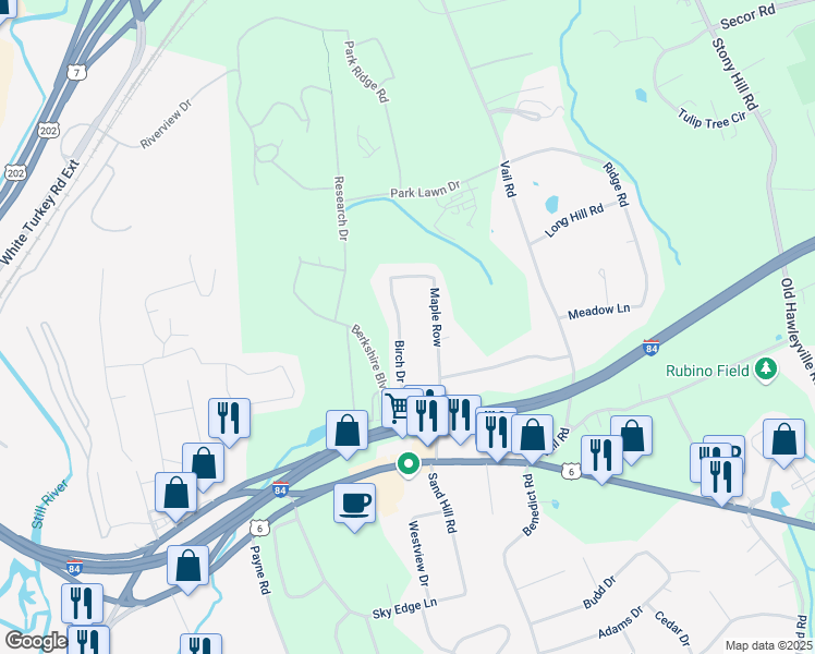 map of restaurants, bars, coffee shops, grocery stores, and more near 22 Birch Drive in Bethel