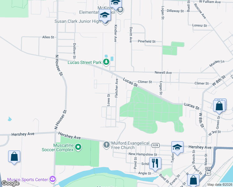 map of restaurants, bars, coffee shops, grocery stores, and more near 601 Fletcher Avenue in Muscatine