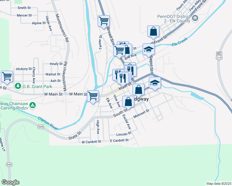 map of restaurants, bars, coffee shops, grocery stores, and more near 132-140 Main St in Ridgway
