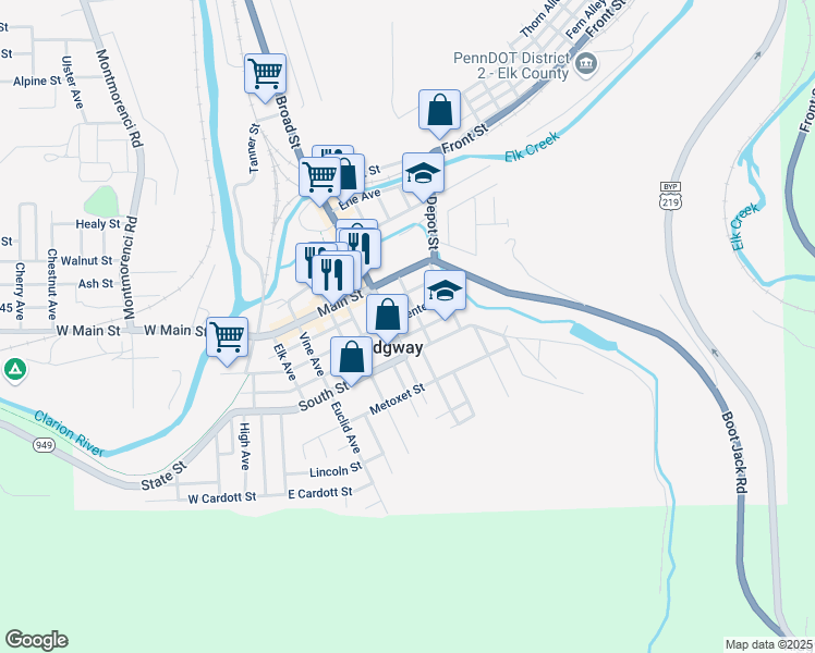 map of restaurants, bars, coffee shops, grocery stores, and more near 300 Center Street in Ridgway