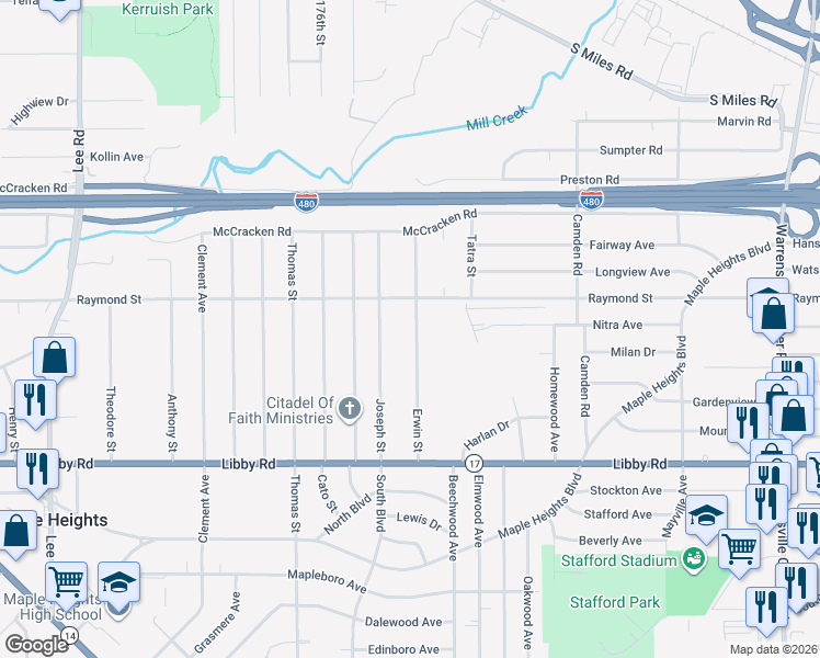 map of restaurants, bars, coffee shops, grocery stores, and more near 5130 Erwin Street in Maple Heights