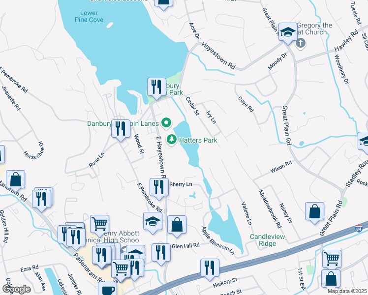 map of restaurants, bars, coffee shops, grocery stores, and more near 11 E Hayestown Rd in Danbury