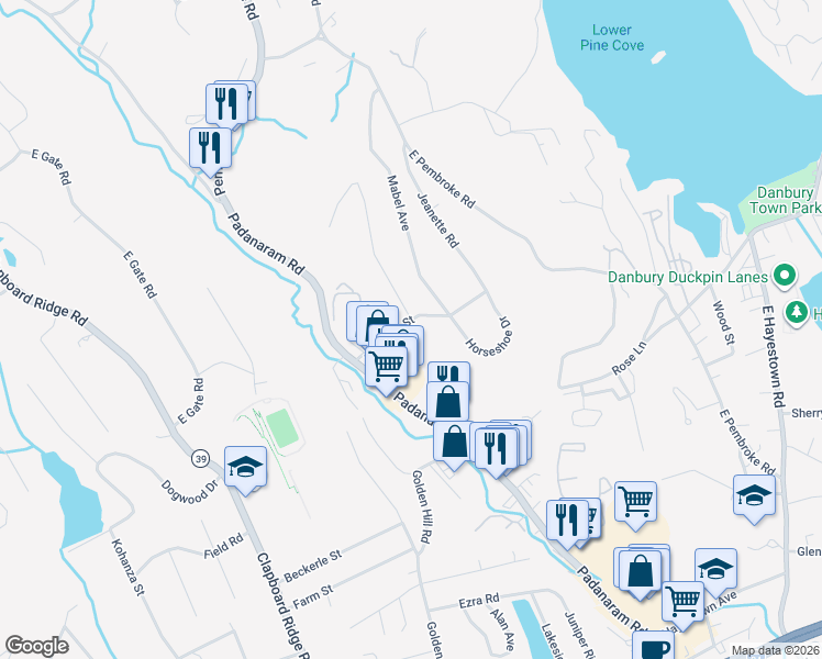 map of restaurants, bars, coffee shops, grocery stores, and more near 9 Jeanette Road in Danbury