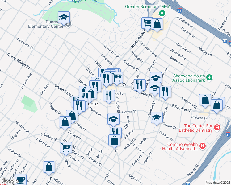 map of restaurants, bars, coffee shops, grocery stores, and more near 225 Calvin St in Dunmore