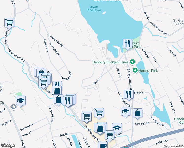 map of restaurants, bars, coffee shops, grocery stores, and more near 7 Hayestown Heights in Danbury