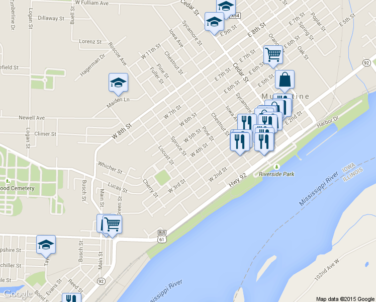 map of restaurants, bars, coffee shops, grocery stores, and more near 415 West 4th Street in Muscatine