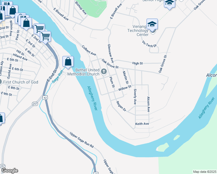 map of restaurants, bars, coffee shops, grocery stores, and more near 534 Colbert Ave in Oil City