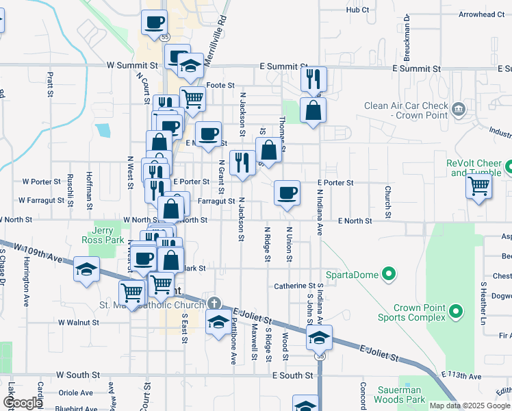 map of restaurants, bars, coffee shops, grocery stores, and more near 213 Sheridan St in Crown Point