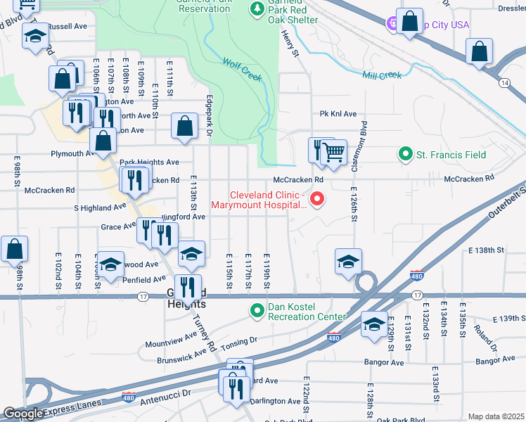 map of restaurants, bars, coffee shops, grocery stores, and more near 5136 East 119th Street in Garfield Heights