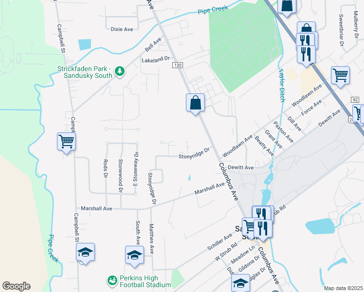 map of restaurants, bars, coffee shops, grocery stores, and more near 112 Stonyridge Drive in Sandusky