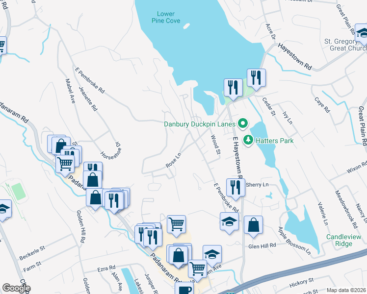 map of restaurants, bars, coffee shops, grocery stores, and more near 5 Rose Lane in Danbury
