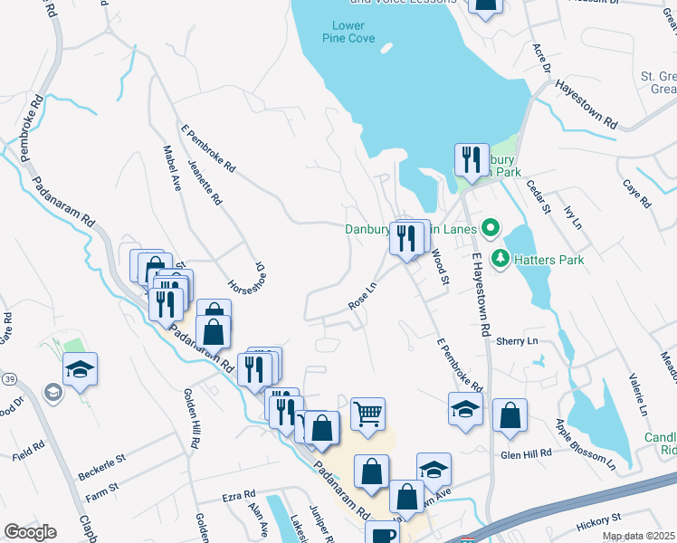map of restaurants, bars, coffee shops, grocery stores, and more near 7 Hayestown Heights in Danbury