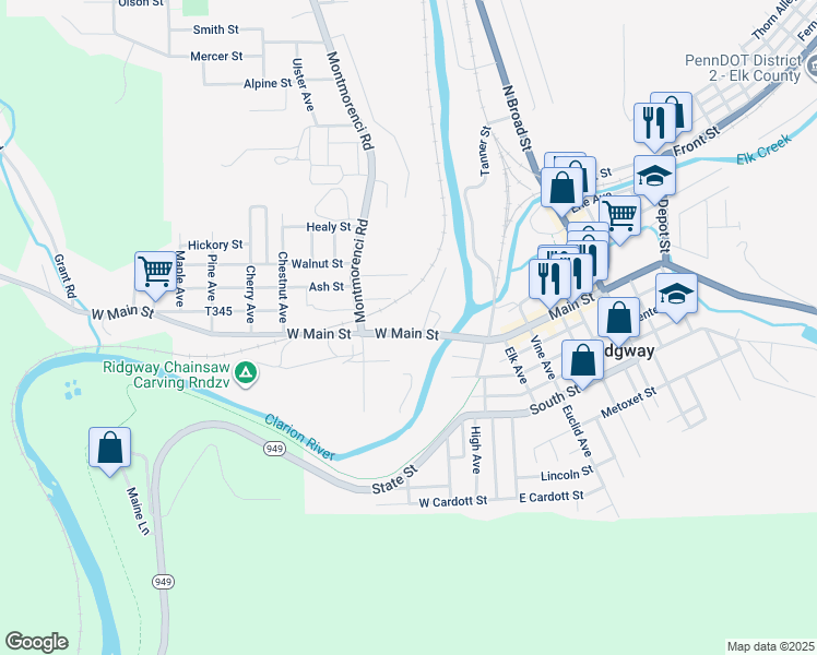 map of restaurants, bars, coffee shops, grocery stores, and more near 3 Penn Ave in Ridgway