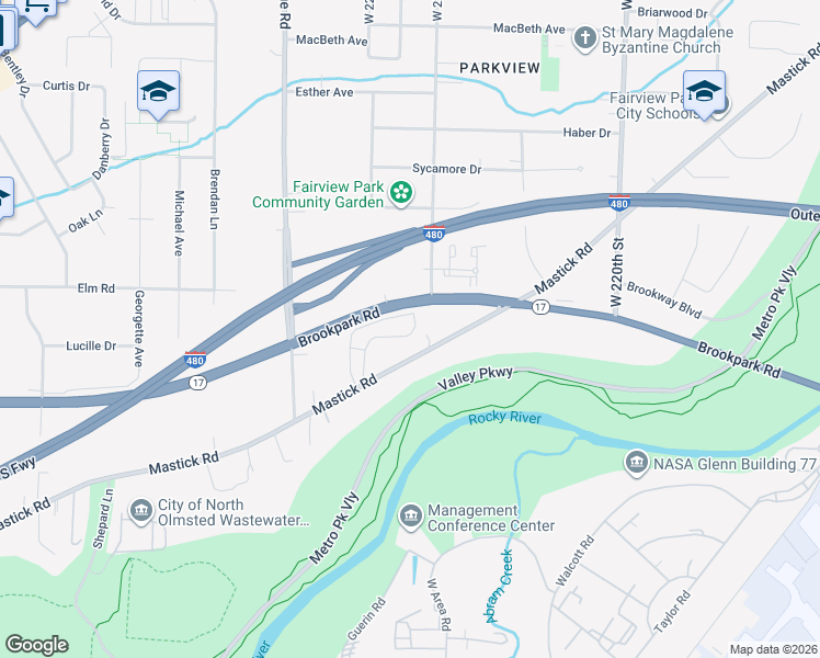 map of restaurants, bars, coffee shops, grocery stores, and more near 22940 Mastick Road in Fairview Park