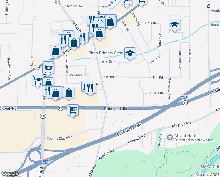 map of restaurants, bars, coffee shops, grocery stores, and more near 4869 Columbia Road in North Olmsted