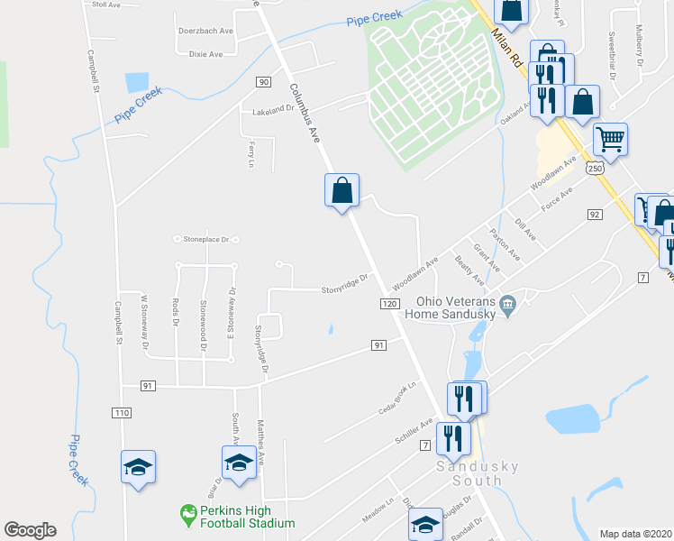 map of restaurants, bars, coffee shops, grocery stores, and more near 112 Stonyridge Drive in Sandusky