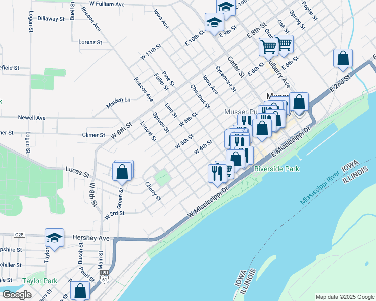 map of restaurants, bars, coffee shops, grocery stores, and more near 415 West 4th Street in Muscatine
