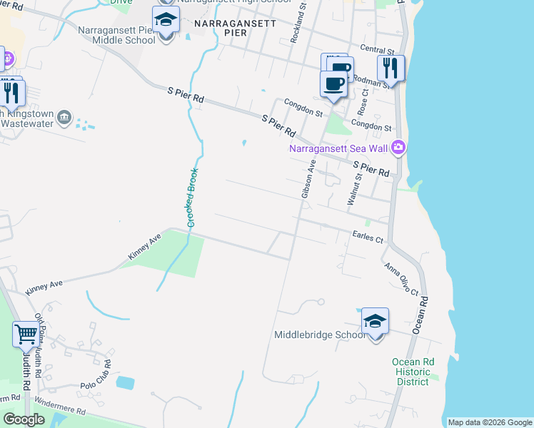 map of restaurants, bars, coffee shops, grocery stores, and more near 95 Woodward Avenue in Narragansett