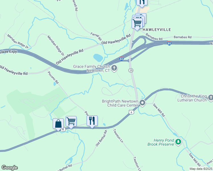 map of restaurants, bars, coffee shops, grocery stores, and more near 9 Covered Bridge Road in Newtown