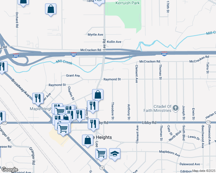 map of restaurants, bars, coffee shops, grocery stores, and more near 5126 Theodore St in Maple Heights