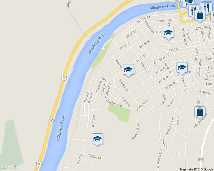 map of restaurants, bars, coffee shops, grocery stores, and more near 1007 West 2nd Street in Oil City