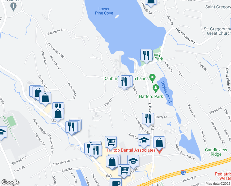 map of restaurants, bars, coffee shops, grocery stores, and more near 6 Rose Lane in Danbury