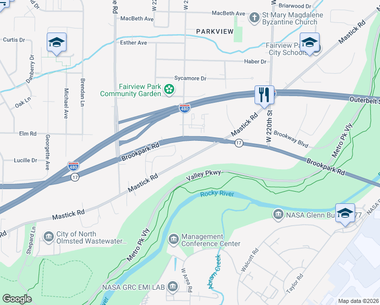 map of restaurants, bars, coffee shops, grocery stores, and more near 22718 Mastick Road in Fairview Park