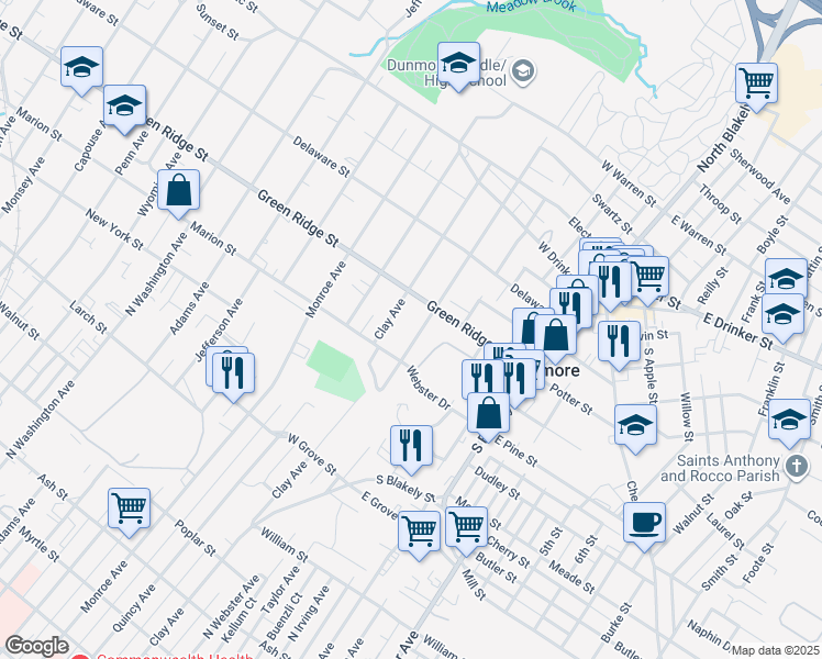 map of restaurants, bars, coffee shops, grocery stores, and more near 1521 N Webster Ave in Dunmore