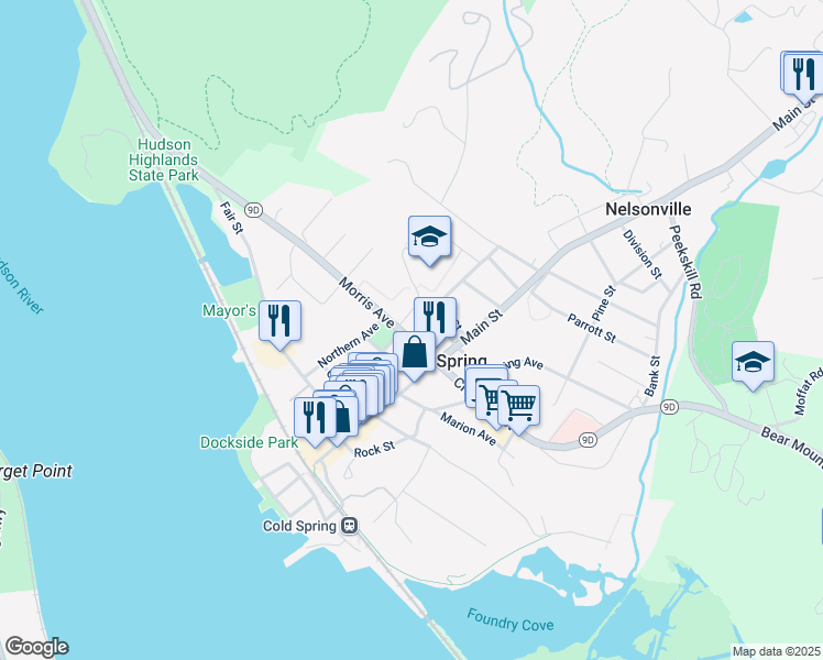map of restaurants, bars, coffee shops, grocery stores, and more near 14 Morris Avenue in Cold Spring