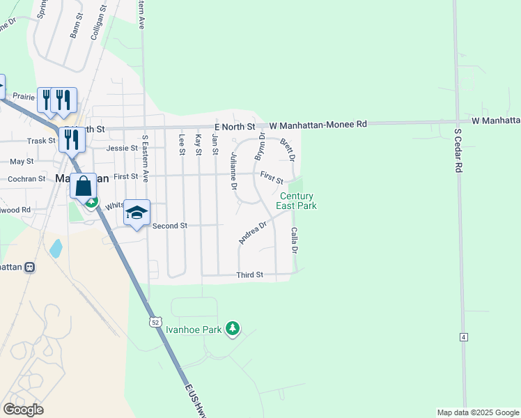 map of restaurants, bars, coffee shops, grocery stores, and more near 211 Brynn Drive in Manhattan