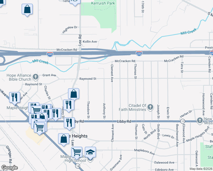 map of restaurants, bars, coffee shops, grocery stores, and more near 5125 Anthony Street in Maple Heights