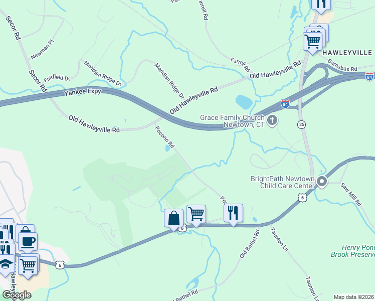 map of restaurants, bars, coffee shops, grocery stores, and more near 11 Pocono Road in Newtown