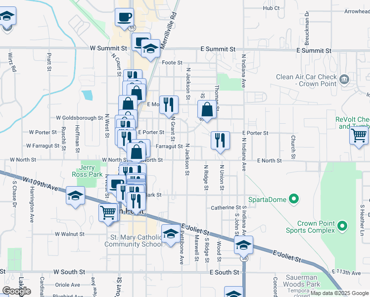 map of restaurants, bars, coffee shops, grocery stores, and more near 219 North Jackson Street in Crown Point