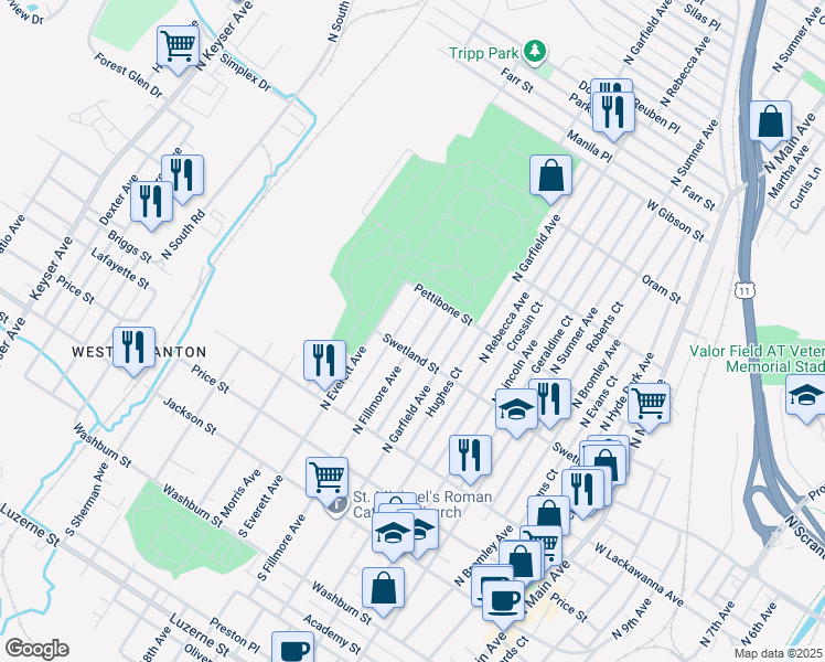 map of restaurants, bars, coffee shops, grocery stores, and more near 517 North Filmore Avenue in Scranton