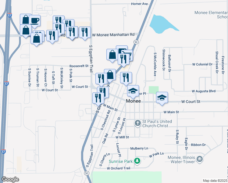 map of restaurants, bars, coffee shops, grocery stores, and more near 25830 South Chestnut Road in Monee