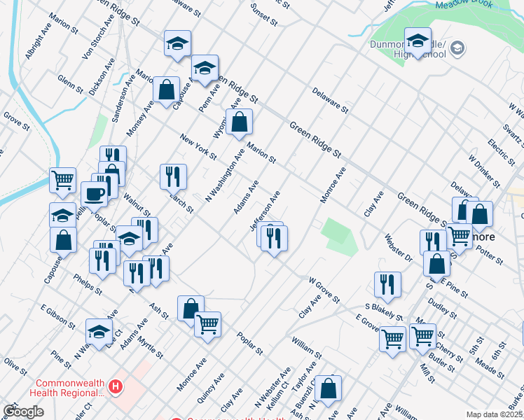 map of restaurants, bars, coffee shops, grocery stores, and more near 1351 Jefferson Avenue in Dunmore